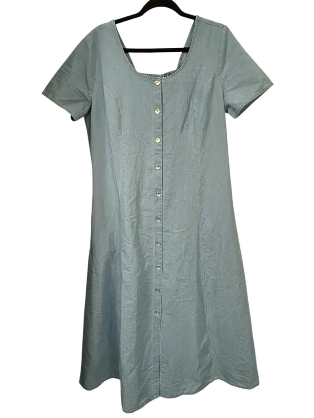Blair Denim Look Midi Dress Button Front Smocked Back Pockets Size M